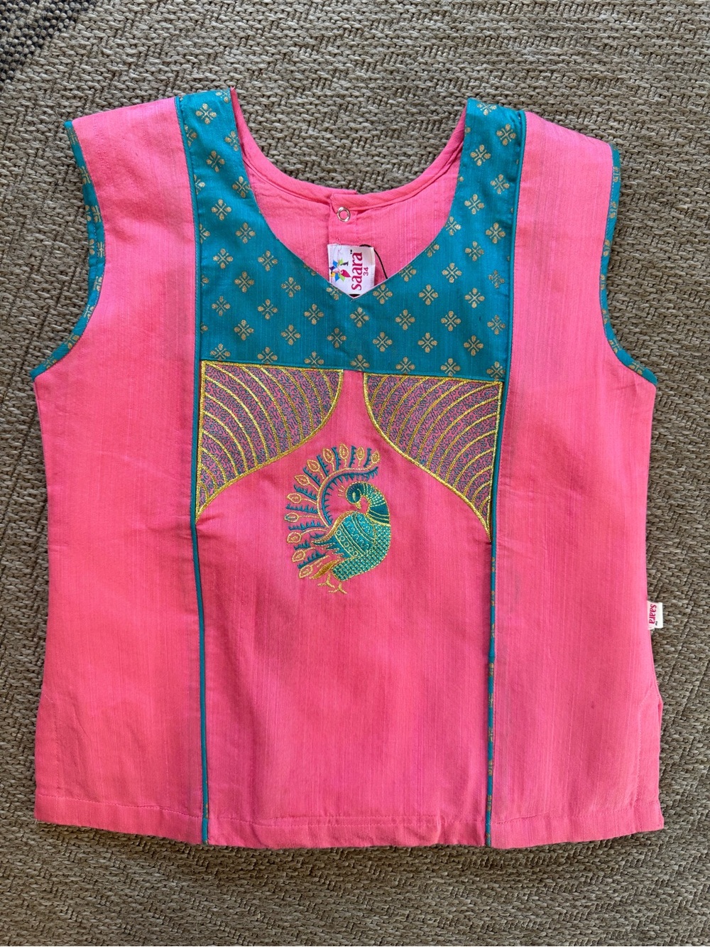 Saara Kids Pattu Pavadai Sattai Blouse | Pink & Teal Embroidered Peacock Top